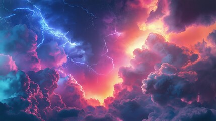 Poster - A sky filled with swirling neon clouds and electric lightning bolts