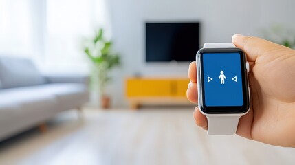 Poster - A person holds a smartwatch displaying a figure icon, set in a modern living room with a TV and plants visible in the background.