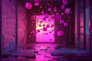 Poster - In a dark void, holographic 3D shapes and lines shift and converge while glowing