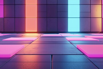 Poster - Glowing holographic 3D shapes and lines shift and converge on a dark void