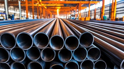 Poster - A close-up view of multiple steel pipes arranged in stacks, showcasing their cylindrical shapes and industrial setting illuminated by bright orange lighting.
