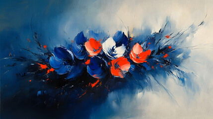 Poster - Vibrant abstract floral painting in blue, red, and white hues