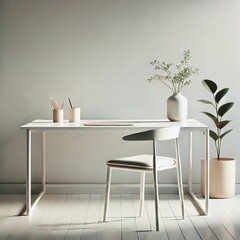 Wall Mural - A minimalist and aesthetic composition featuring a clean, modern workspace with a sleek white desk, a single elegant chair, a small potted plant