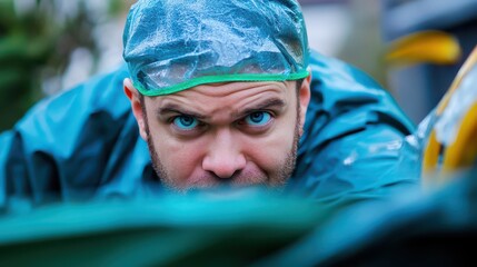 Focused individual preparing for outdoor activity