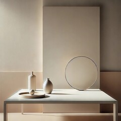 Wall Mural - A minimalist and aesthetic scene featuring a modern, uncluttered space with soft lighting, neutral tones, and simple geometric shapes