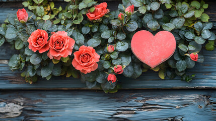 Aufkleber - Vibrant roses with a heart-shaped decoration on a wooden background