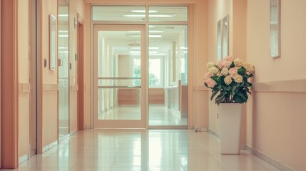 Poster - The background of a modern office with large panoramic windows and lovely lighting is beautifully blurred, a common feature in stock photos