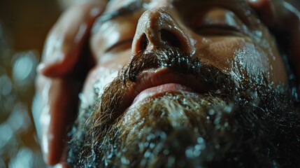 Poster - A man is enjoying a calming spa treatment with water and oils applied to his face and beard, creating a relaxing atmosphere in a wellness center during the morning hours.
