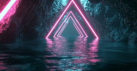 Poster - In a dark tunnel, a neon-lit geometric figure stands out, accompanied by the vibrant glow of a laser