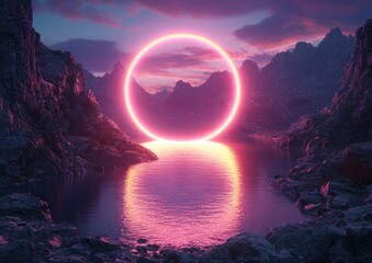 Poster - An abstract background sets the stage for a cosmic landscape, complete with aurora borealis, a triangular portal aglow with pink and blue neon lights, immersing the viewer in a virtual reality of