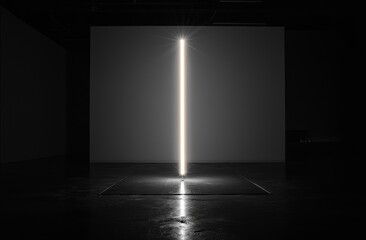 Poster - The image depicts a light beam on a cracked old wall, set against a concrete wall and a spotlight ray, captured in black and white for use as a background or texture