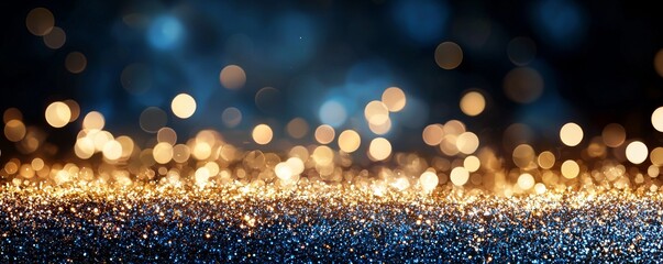 Poster - The image features a de-focused background of abstract glitter lights, primarily blue, gold, and black, arranged as a banner