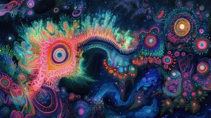 Poster - A neon fractal matrix forming an intricate web of glowing pathways in deep space