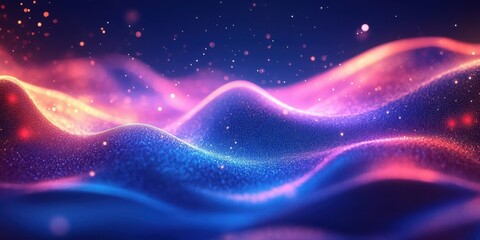 Poster - Swirling abstract waves with vibrant colors and sparkling lights create an immersive visual experience in a digital landscape