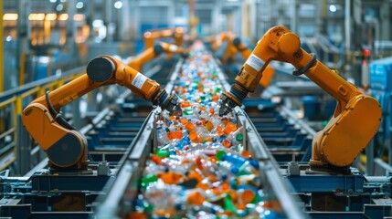 Aufkleber - Advanced robotic arms efficiently sort plastic bottles on a conveyor belt in a recycling facility, showcasing modern technology working for environmental sustainability.