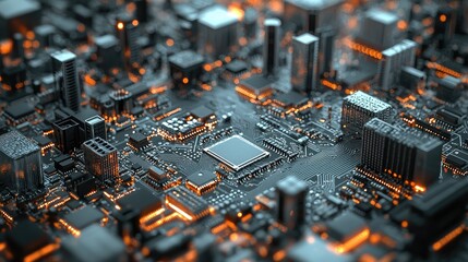Poster - Close-up view of a complex Circuit Board, showcasing intricate details and technological advancements. The image is rendered in a detailed 3D style, emphasizing the technological complexity.