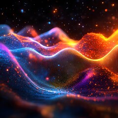 Poster - Abstract digital landscape with vibrant colorful light waves and sparkling particles design