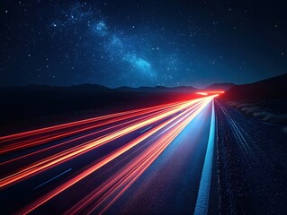 Poster - Night highway under starry sky with vibrant car light trails creating a dynamic and cosmic scene