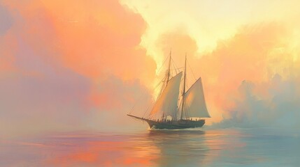 Wall Mural - A serene sailing ship gliding through calm waters under a colorful sunset sky.