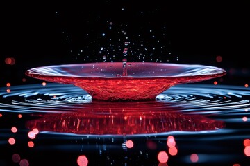Poster - Red water drop splashing, creating a crown and ripples with bokeh effect