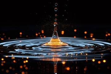 Poster - Water droplet splashing creating concentric ripples with orange bokeh lights