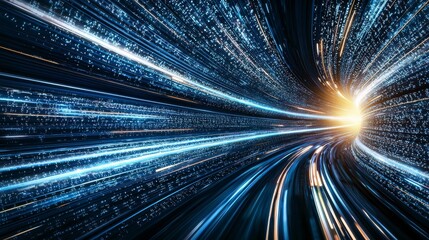 Poster - Neon blue lights moving through a dark tunnel provide illumination
