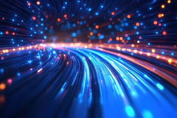 Poster - Abstract blue and orange light streaks creating a futuristic digital data stream effect