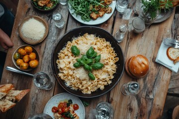 Wall Mural - Family gathering enjoying delicious pasta dinner on rustic wooden table