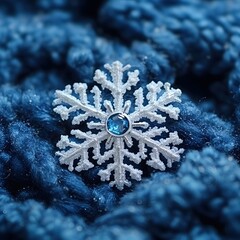 Poster - Elegant Snowflake Jewel on Knitted Blue Fabric Winter Holiday Season Festive Decorative Art