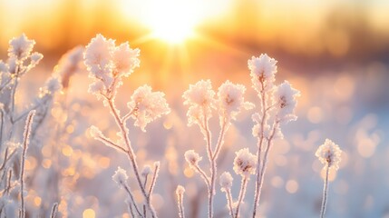 Poster - Frosty flora bathed in golden sunlight a winter scene of delicate beauty and serene landscape