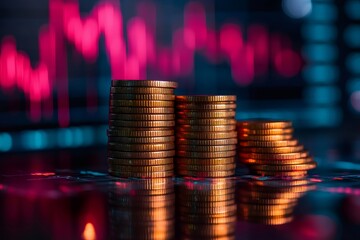 Poster - Gold coins stacking up representing increasing profit with stock market graph showing decrease in background