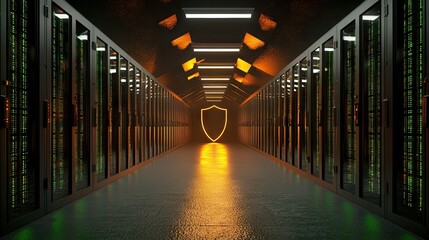 Poster - A dark background with an illuminated security shield and protected digital data infrastructure.