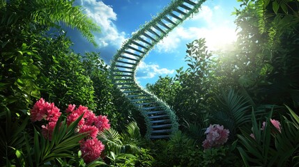 Fototapete - A futuristic digital ecosystem where DNA and plant life interact, showcasing genetic research innovations.