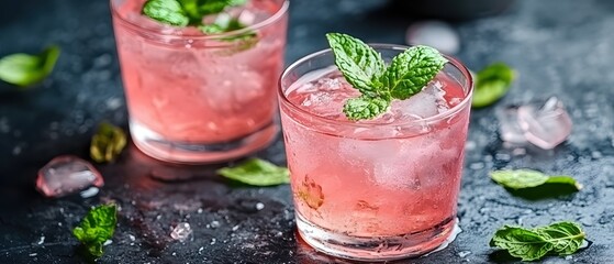 Poster - Refreshing pink cocktail with ice and mint leaves on dark surface summer drink concept