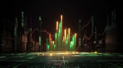 Poster - A futuristic digital financial chart with glowing lines and numbers, set against a dark background.