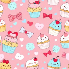 Wall Mural - Adorable Kawaii Cupcakes Seamless Pattern: A Delightful Pink Background