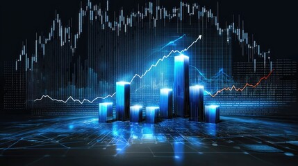 Poster - A futuristic financial chart with glowing blue lines and digital data visualization on a dark background.