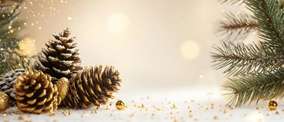 Poster - Golden Christmas Pine Cones and Festive Ornaments on Snowy Surface with Warm Bokeh Lights