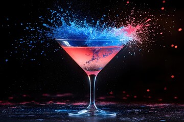 Poster - Vibrant cocktail explosion of blue and red liquid in a martini glass on a dark background