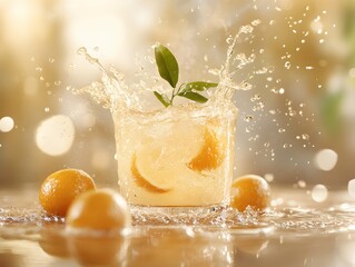Poster - Refreshing citrus splash in glass with vibrant oranges and green leaves for summer delight