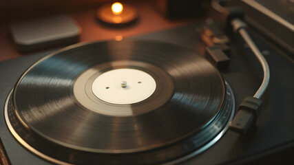 A vintage vinyl record mockup placed on a turntable with a blank label, ready for custom branding, design, or logo. The nostalgic setting features warm, ambient lighting, enhancing the retro vibe