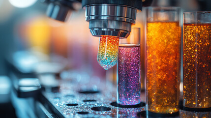 Poster - close up of microscope revealing colorful slides with vibrant liquids