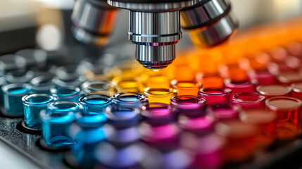 Poster - close up of microscope examining colorful slides in lab setting