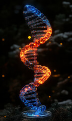 Poster - Illuminated DNA double helix structure glowing in orange and blue hues