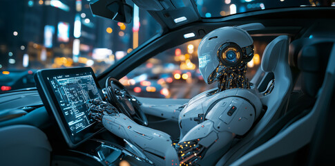 Poster - humanoid robot sits in driver seat of futuristic car, interacting with digital dashboard in cityscape at night. AI drive car, assistance