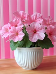 Poster - Charming Pink Geraniums in White Pot Against Pink Striped Background for Floral Still Life