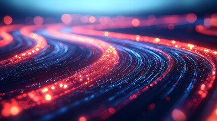 Aufkleber - Glowing lines creating a wavy path with red and blue particles