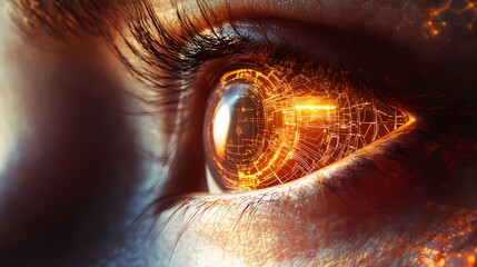 Poster - Human eye showing futuristic digital display of glowing light trails