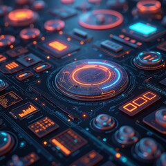 Poster - Illustration of futuristic user interface panel. Glowing elements display data, controls. Digital tech background with circles, lines, squares. Abstract cyber design concept for modern spaceship