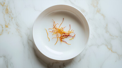 Threads of color in a minimalist bowl create a simple yet elegant presentation on a marble surface.